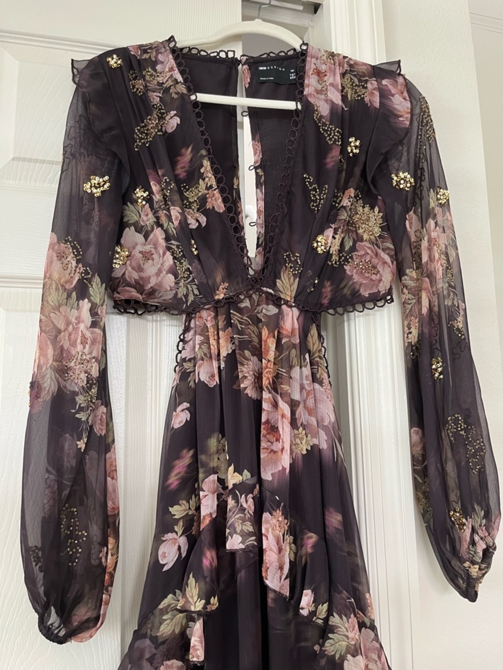 ASOS TALL Floral Lace-Trim Maxi Dress in Brown with Pink Rose Print - Picture 4 of 8